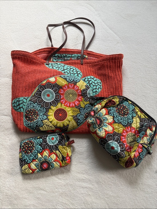 Handbags - Vera Bradley Bright Orange Floral Tote and Quilted Pouch Set